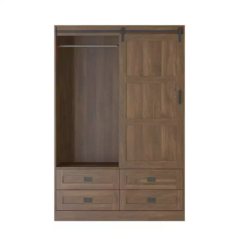 Tall Bedroom Armoire Wardrobe with Hanging Rod, Sliding Barn Door, 4 Drawers & Open Shelves