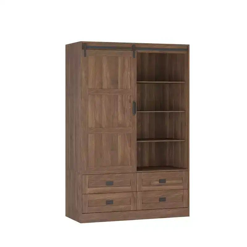 Tall Bedroom Armoire Wardrobe with Hanging Rod, Sliding Barn Door, 4 Drawers & Open Shelves