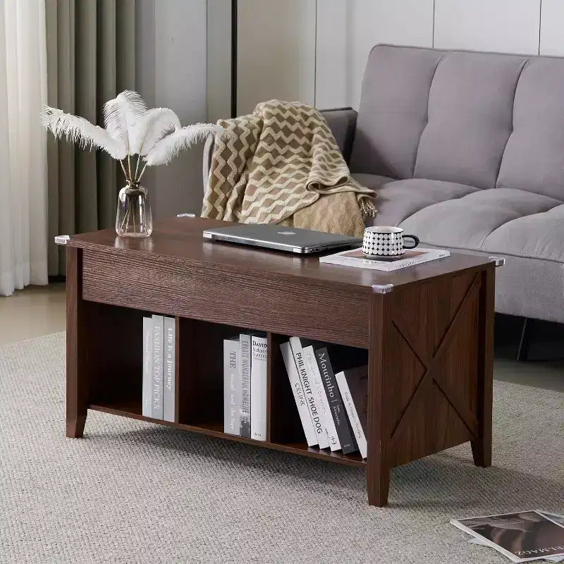 Farmhouse Lift Top Coffee Table with Storage Shelf & Hidden Compartment, Rustic Brown