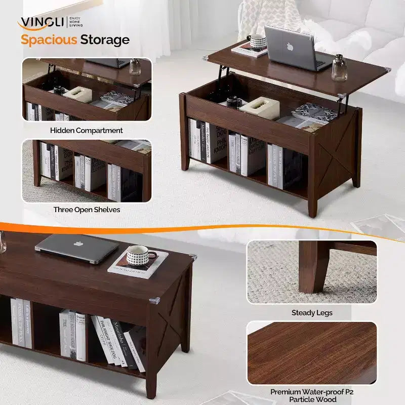 Farmhouse Lift Top Coffee Table with Storage Shelf & Hidden Compartment, Rustic Brown
