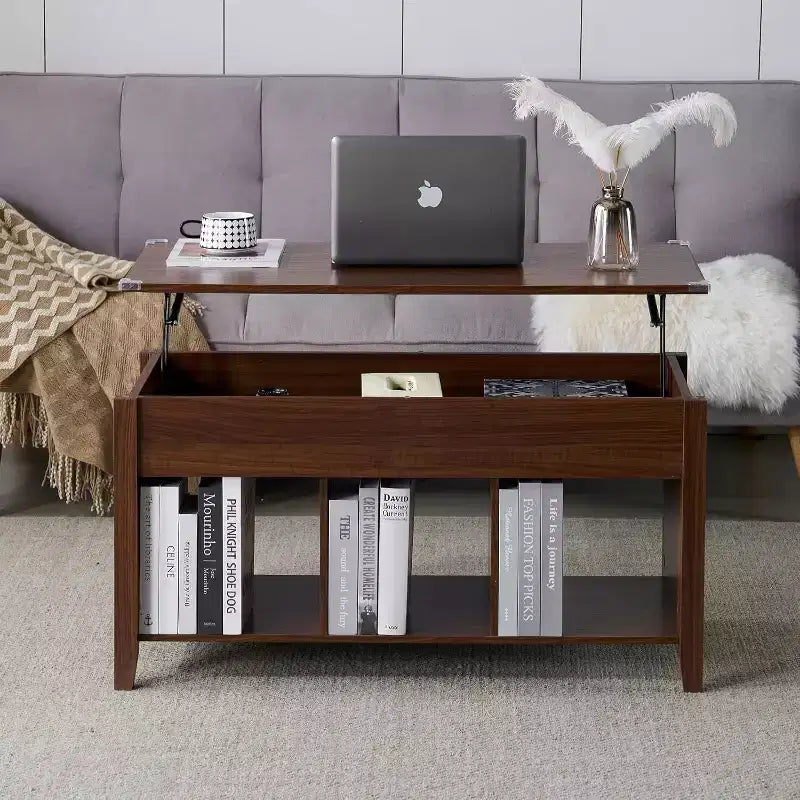 Farmhouse Lift Top Coffee Table with Storage Shelf & Hidden Compartment, Rustic Brown