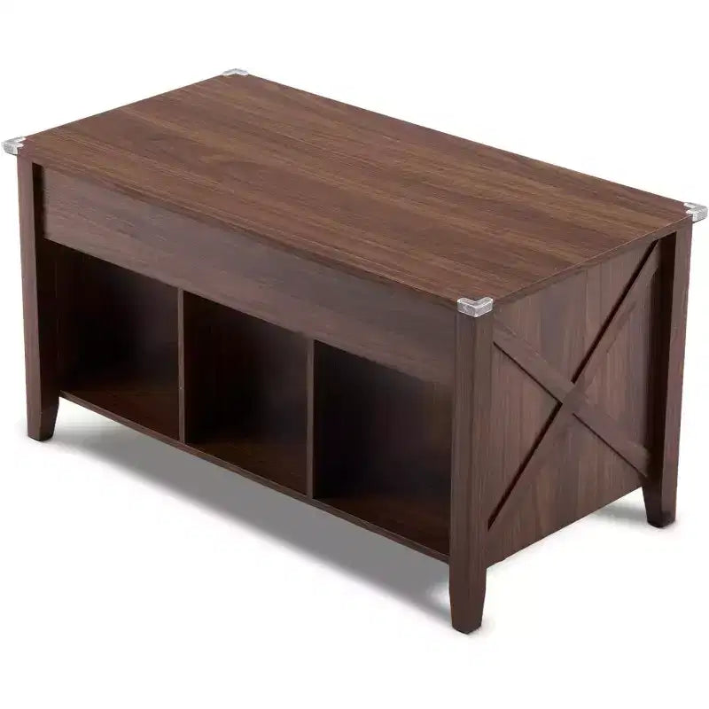 Farmhouse Lift Top Coffee Table with Storage Shelf & Hidden Compartment, Rustic Brown