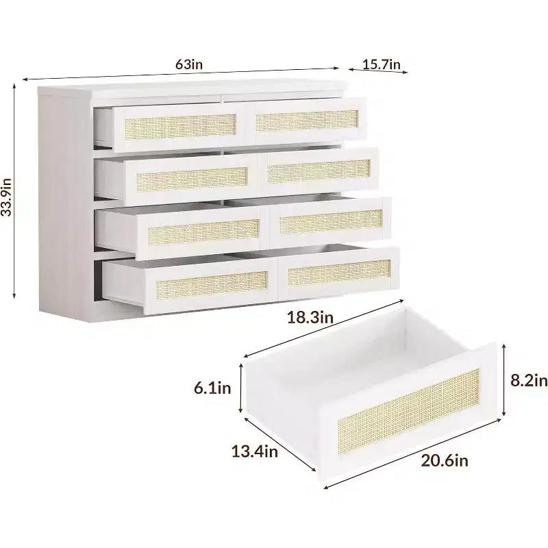 8-Drawer Wooden Chest of Drawers with Rattan Accents, Storage for Bedroom, Nursery & Living Room