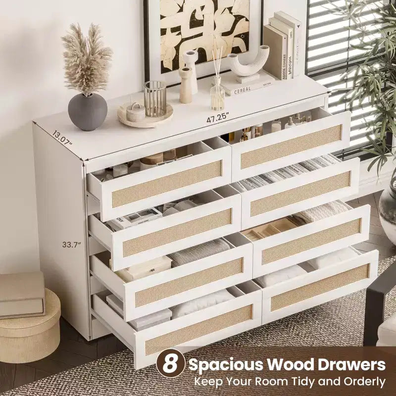 8-Drawer Wooden Chest of Drawers with Rattan Accents, Storage for Bedroom, Nursery & Living Room