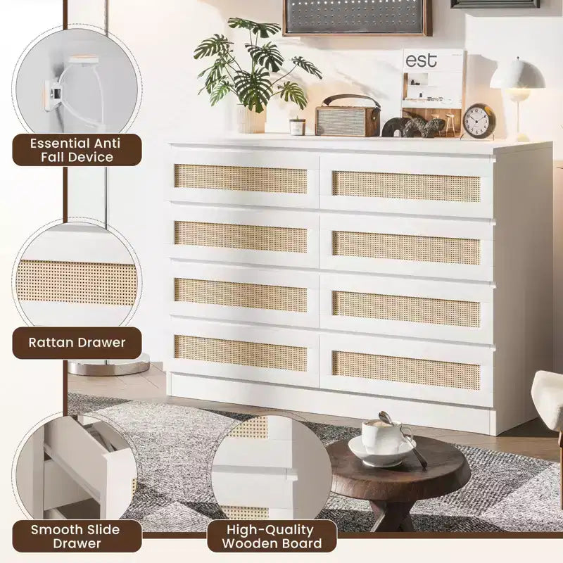 8-Drawer Wooden Chest of Drawers with Rattan Accents, Storage for Bedroom, Nursery & Living Room