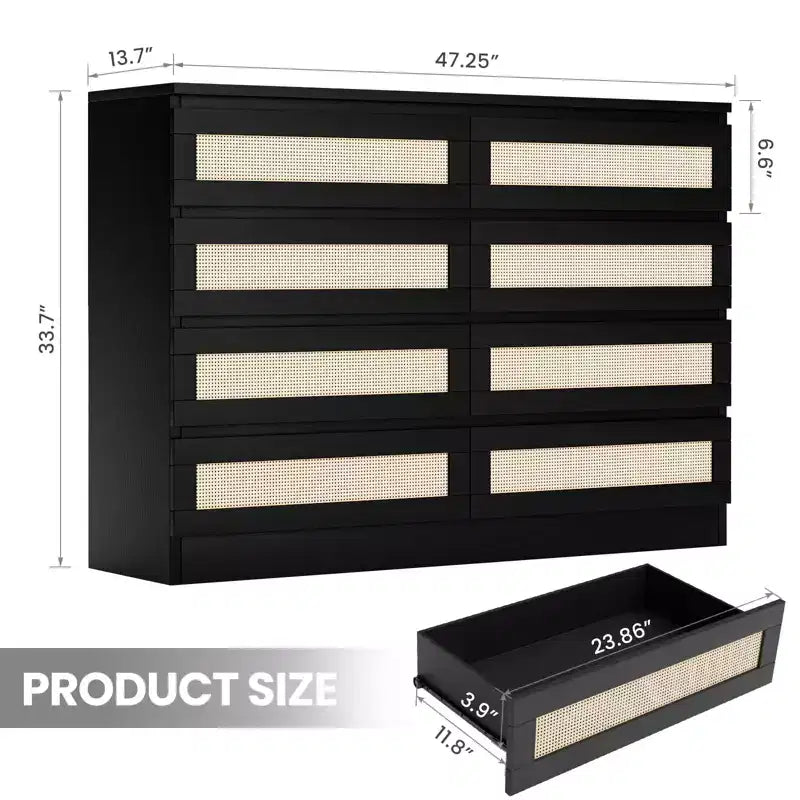 8-Drawer Wooden Chest of Drawers with Rattan Accents, Storage for Bedroom, Nursery & Living Room