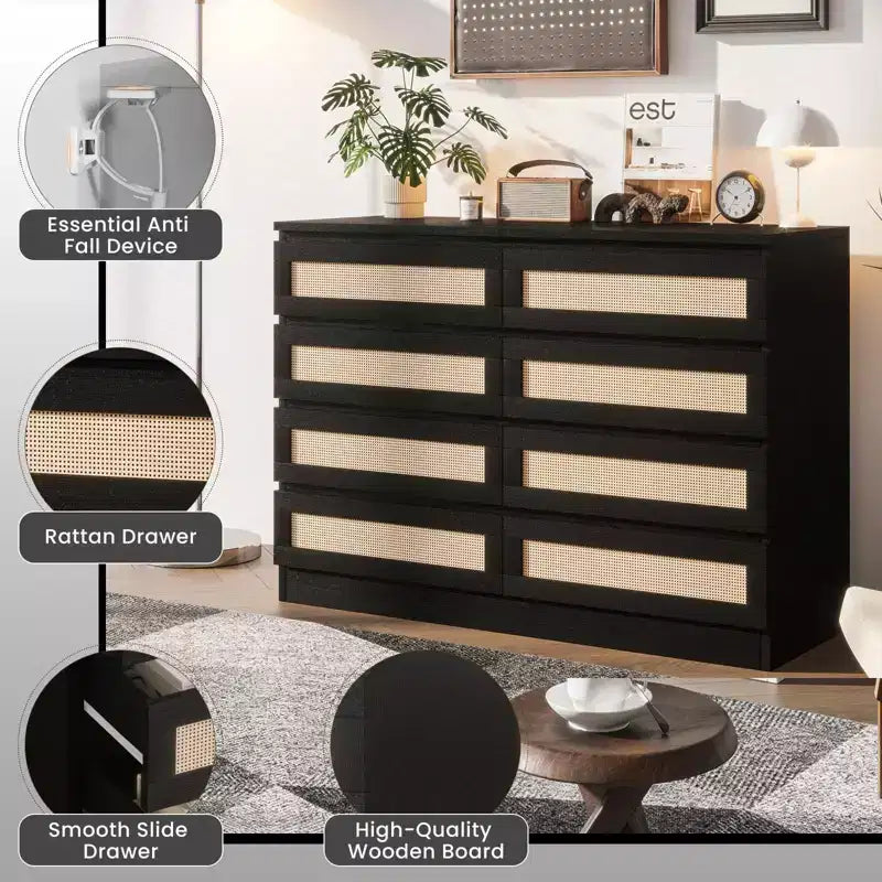 8-Drawer Wooden Chest of Drawers with Rattan Accents, Storage for Bedroom, Nursery & Living Room