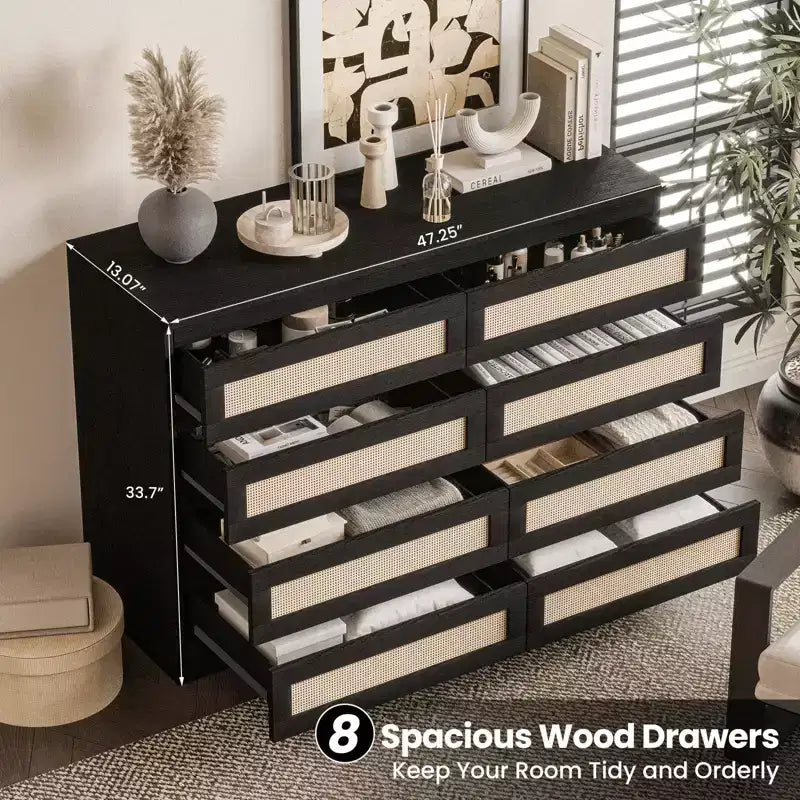 8-Drawer Wooden Chest of Drawers with Rattan Accents, Storage for Bedroom, Nursery & Living Room