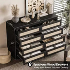 8-Drawer Wooden Chest of Drawers with Rattan Accents, Storage for Bedroom, Nursery & Living Room