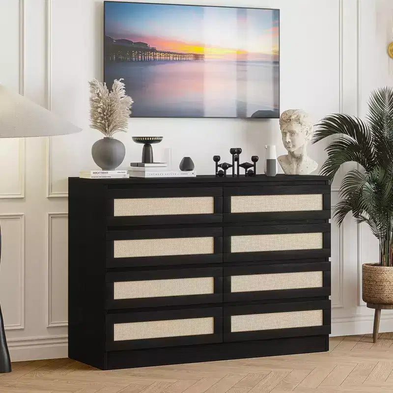 8-Drawer Wooden Chest of Drawers with Rattan Accents, Storage for Bedroom, Nursery & Living Room