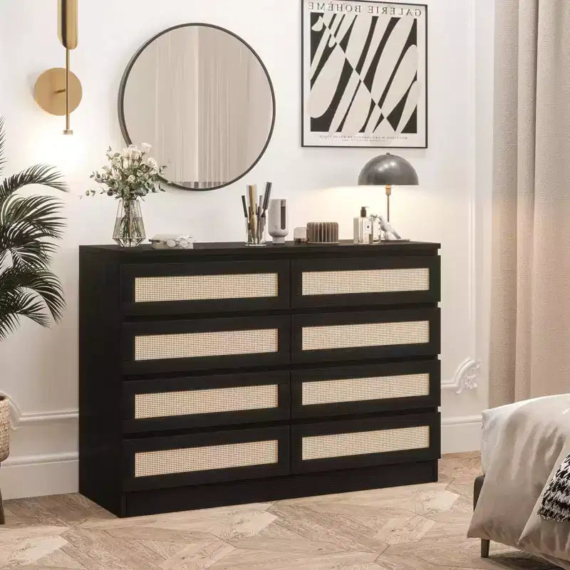 8-Drawer Wooden Chest of Drawers with Rattan Accents, Storage for Bedroom, Nursery & Living Room