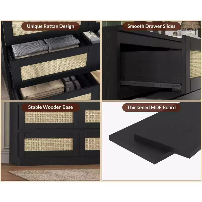 8-Drawer Wooden Chest of Drawers with Rattan Accents, Storage for Bedroom, Nursery & Living Room