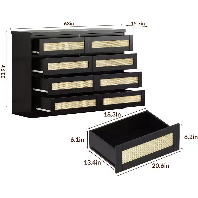 8-Drawer Wooden Chest of Drawers with Rattan Accents, Storage for Bedroom, Nursery & Living Room