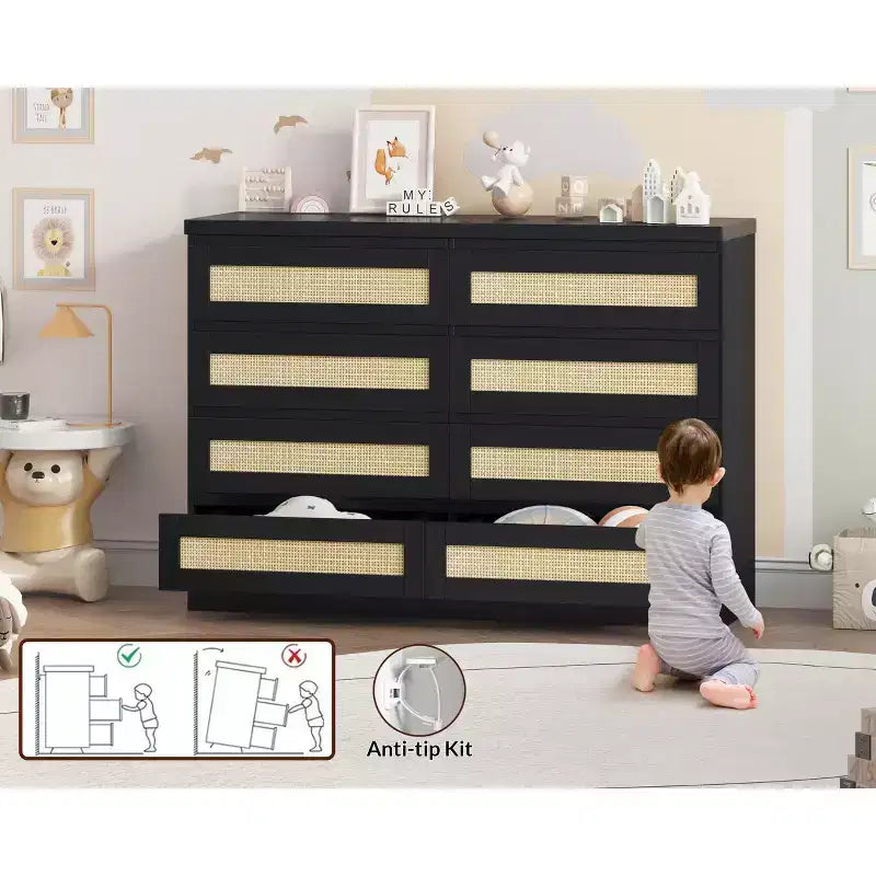 8-Drawer Wooden Chest of Drawers with Rattan Accents, Storage for Bedroom, Nursery & Living Room
