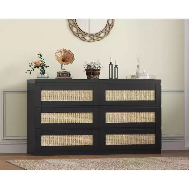 8-Drawer Wooden Chest of Drawers with Rattan Accents, Storage for Bedroom, Nursery & Living Room