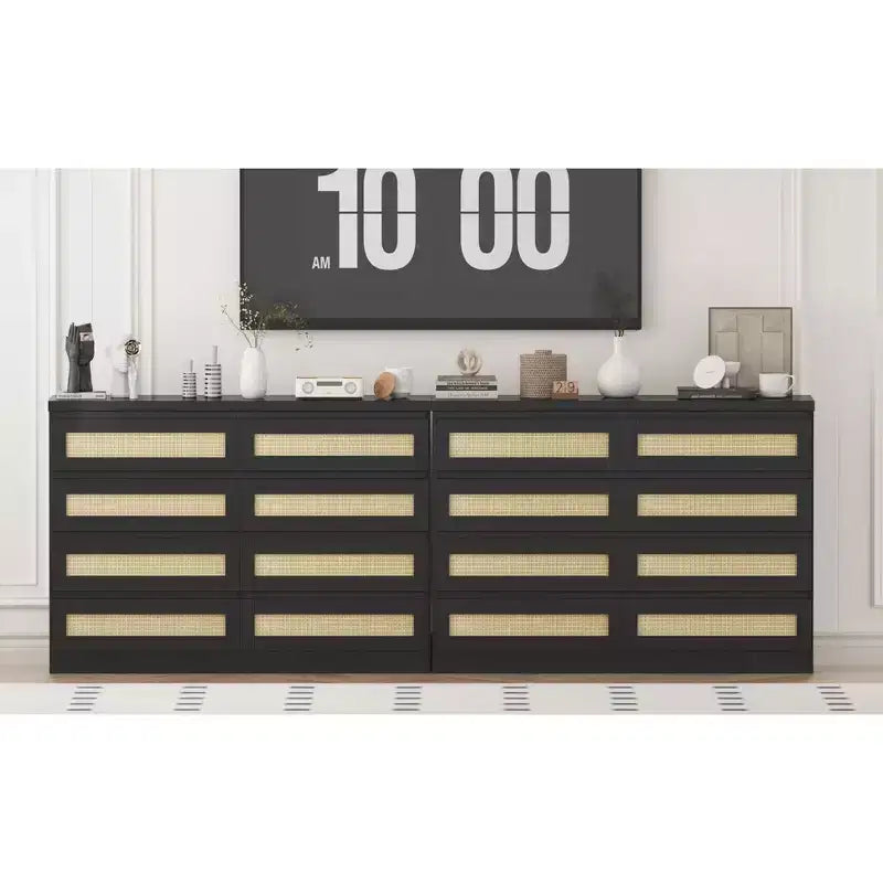 8-Drawer Wooden Chest of Drawers with Rattan Accents, Storage for Bedroom, Nursery & Living Room