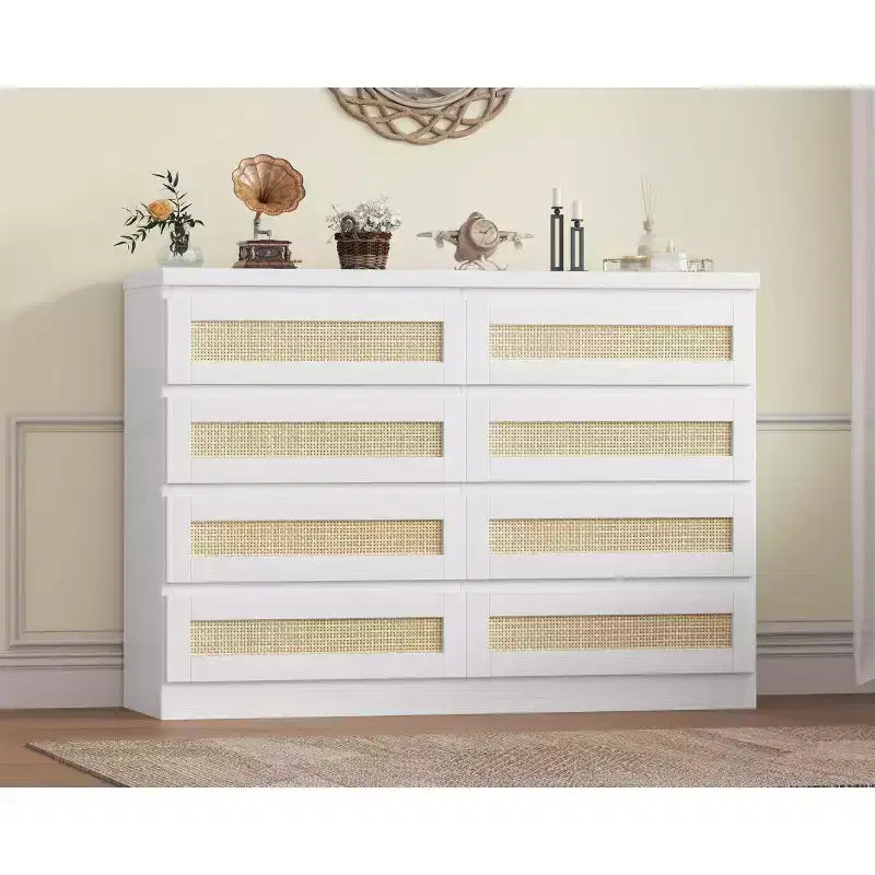 8-Drawer Wooden Chest of Drawers with Rattan Accents, Storage for Bedroom, Nursery & Living Room