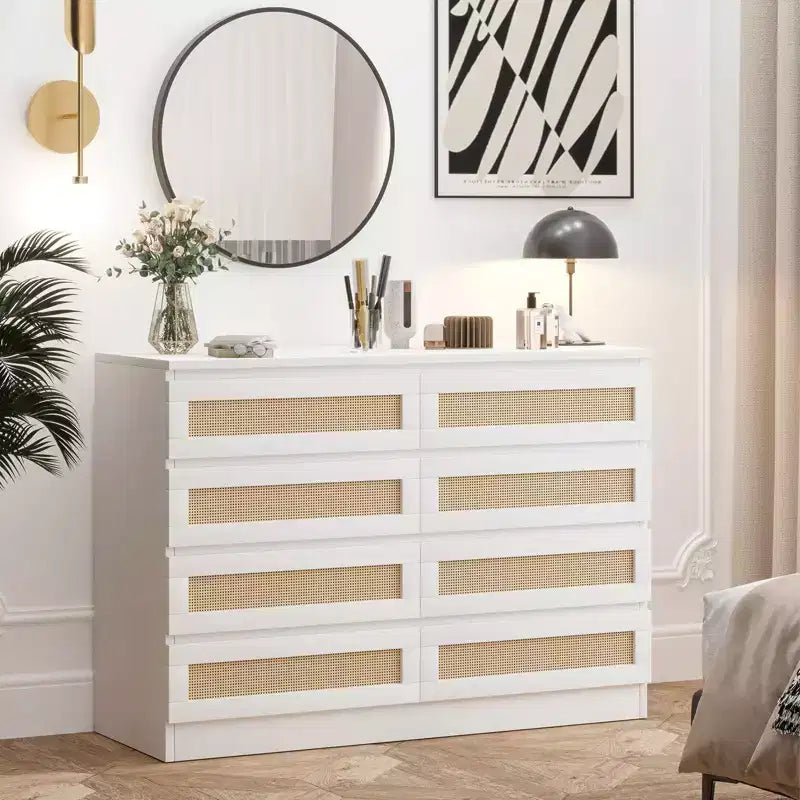 8-Drawer Wooden Chest of Drawers with Rattan Accents, Storage for Bedroom, Nursery & Living Room
