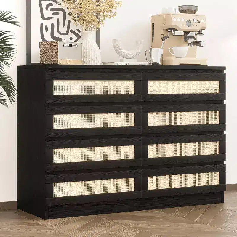 8-Drawer Wooden Chest of Drawers with Rattan Accents, Storage for Bedroom, Nursery & Living Room