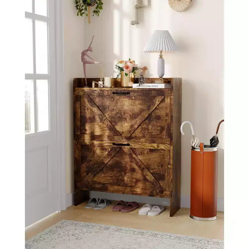 Shoe Storage Cabinet with 2 Flip Drawers & Metal Handle, Slim Hidden Organizer for Hallway & Living Room