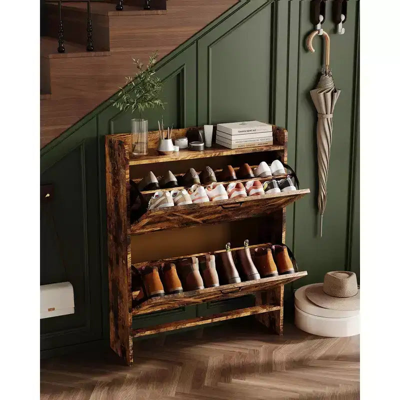 Shoe Storage Cabinet with 2 Flip Drawers & Metal Handle, Slim Hidden Organizer for Hallway & Living Room