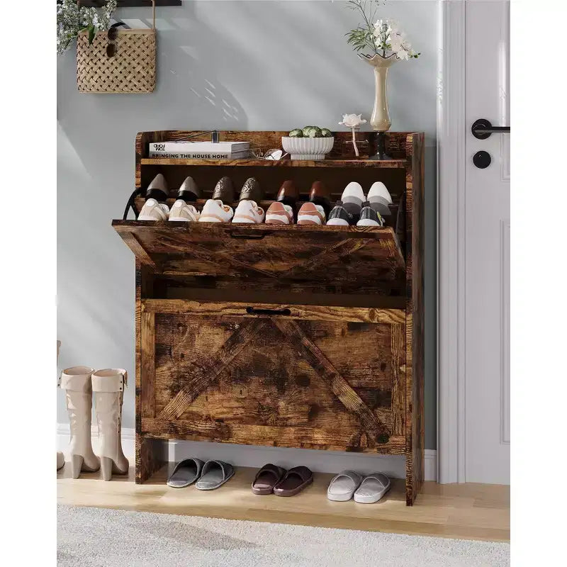 Shoe Storage Cabinet with 2 Flip Drawers & Metal Handle, Slim Hidden Organizer for Hallway & Living Room
