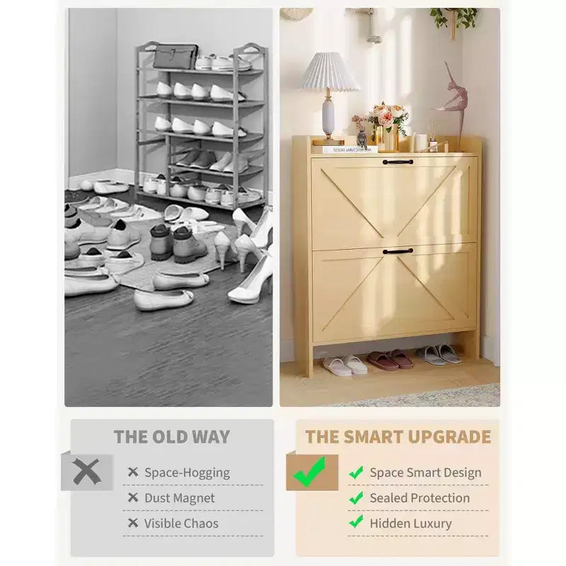 Shoe Storage Cabinet with 2 Flip Drawers & Metal Handle, Slim Hidden Organizer for Hallway & Living Room