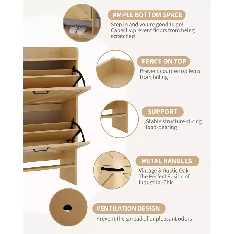 Shoe Storage Cabinet with 2 Flip Drawers & Metal Handle, Slim Hidden Organizer for Hallway & Living Room