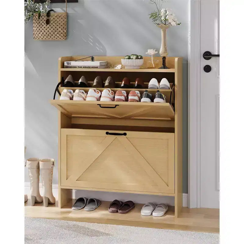 Shoe Storage Cabinet with 2 Flip Drawers & Metal Handle, Slim Hidden Organizer for Hallway & Living Room