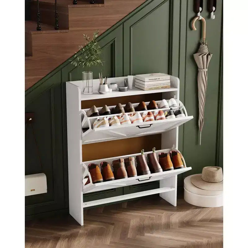 Shoe Storage Cabinet with 2 Flip Drawers & Metal Handle, Slim Hidden Organizer for Hallway & Living Room