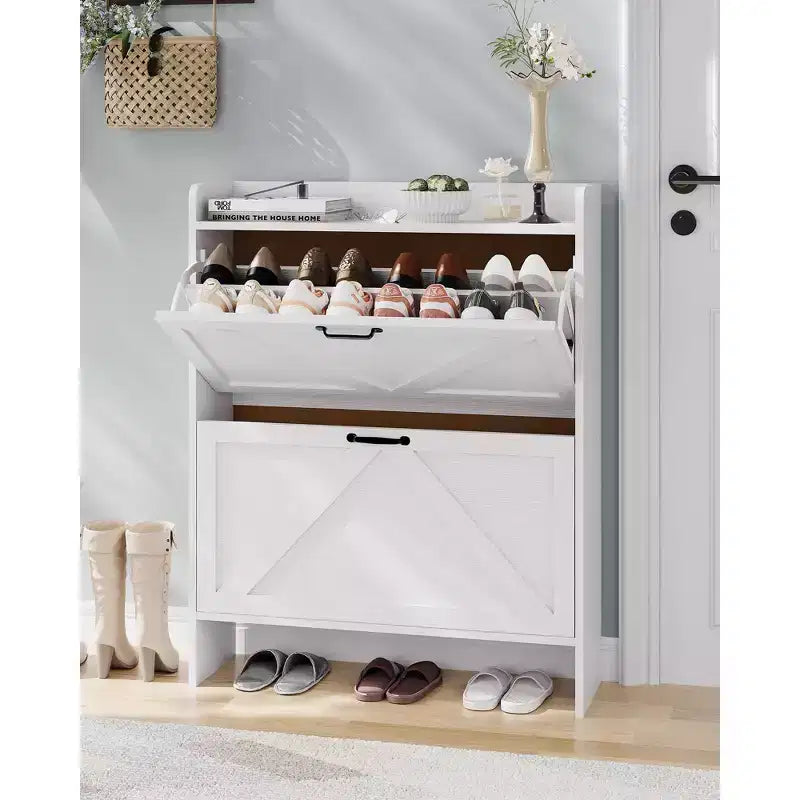 Shoe Storage Cabinet with 2 Flip Drawers & Metal Handle, Slim Hidden Organizer for Hallway & Living Room