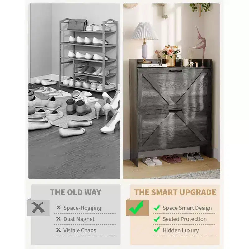 Shoe Storage Cabinet with 2 Flip Drawers & Metal Handle, Slim Hidden Organizer for Hallway & Living Room