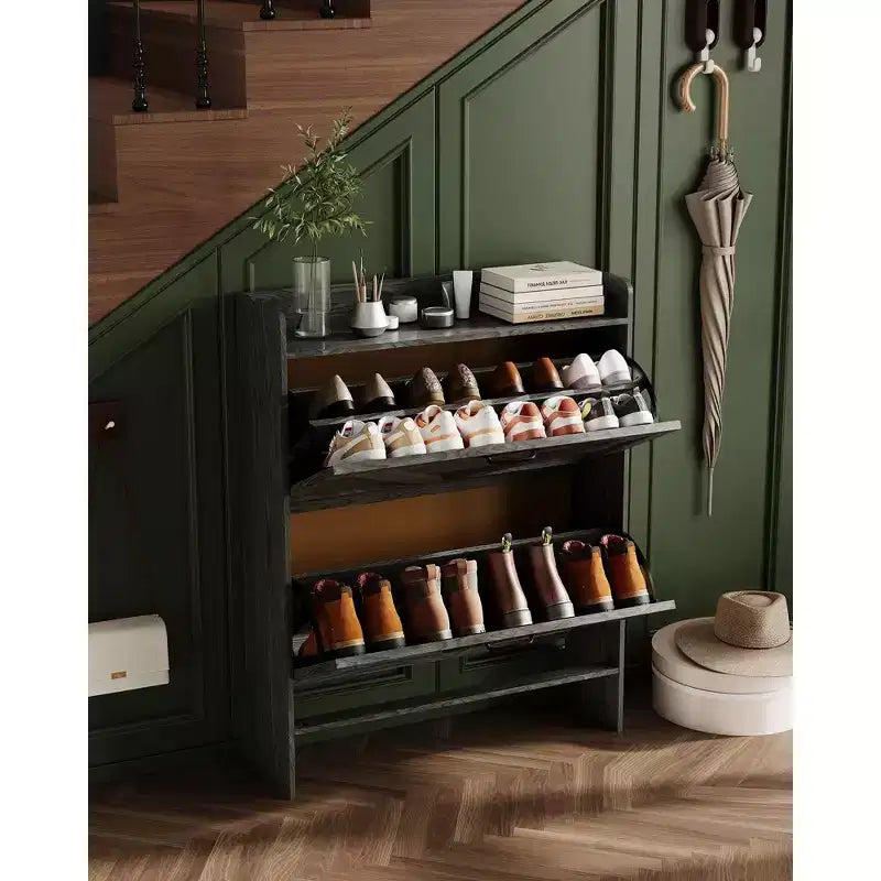 Shoe Storage Cabinet with 2 Flip Drawers & Metal Handle, Slim Hidden Organizer for Hallway & Living Room