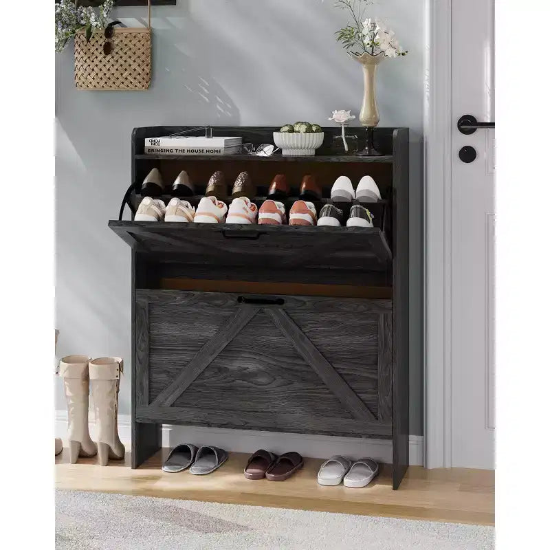 Shoe Storage Cabinet with 2 Flip Drawers & Metal Handle, Slim Hidden Organizer for Hallway & Living Room