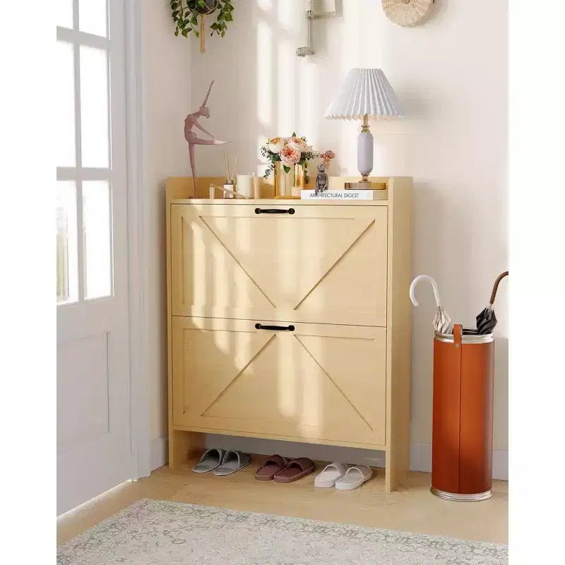 Shoe Storage Cabinet with 2 Flip Drawers & Metal Handle, Slim Hidden Organizer for Hallway & Living Room