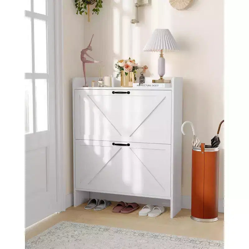 Shoe Storage Cabinet with 2 Flip Drawers & Metal Handle, Slim Hidden Organizer for Hallway & Living Room