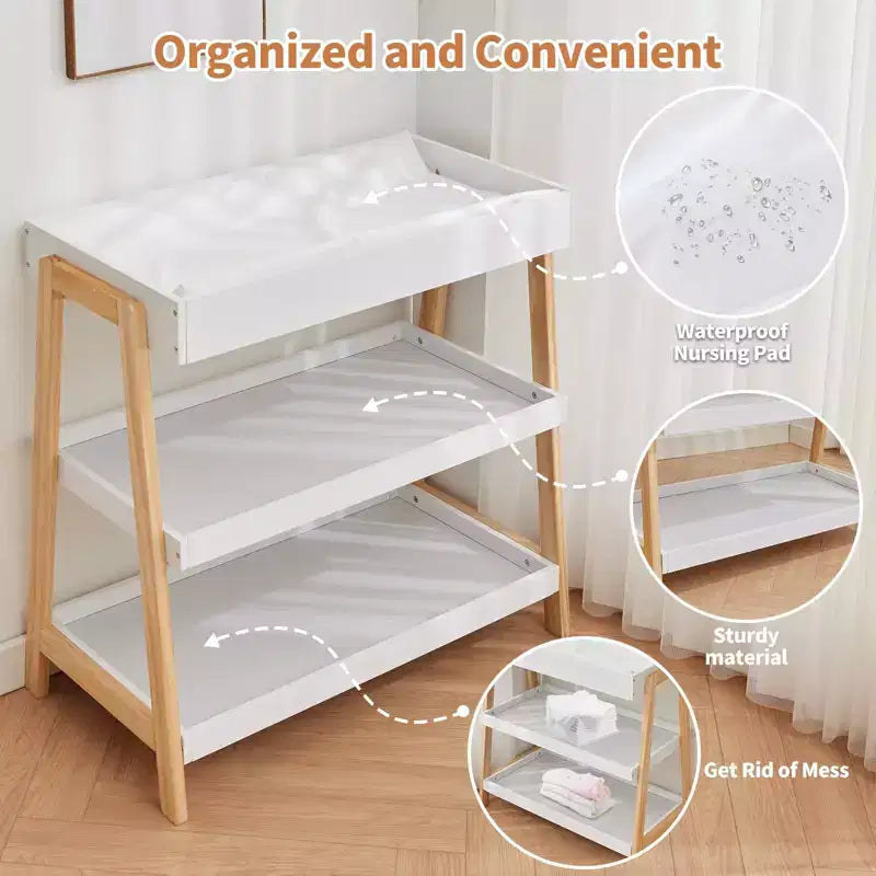 Portable Baby Changing Station, White & Wood, with Waterproof Pad & 2 Storage Shelves for Newborns