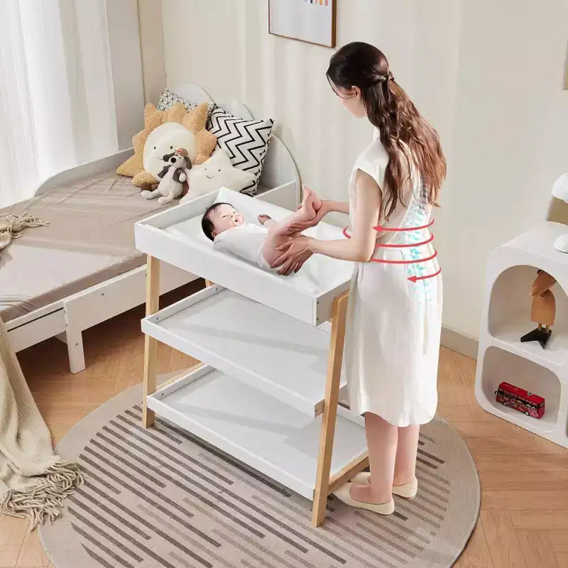 Portable Baby Changing Station, White & Wood, with Waterproof Pad & 2 Storage Shelves for Newborns
