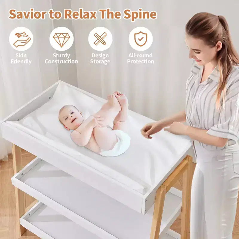 Portable Baby Changing Station, White & Wood, with Waterproof Pad & 2 Storage Shelves for Newborns