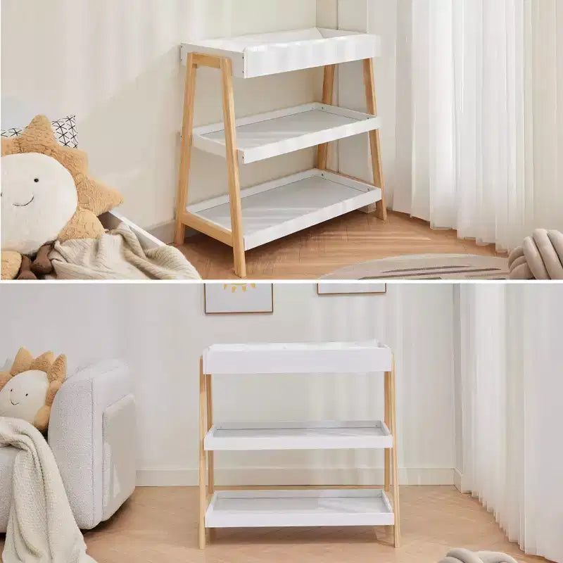 Portable Baby Changing Station, White & Wood, with Waterproof Pad & 2 Storage Shelves for Newborns
