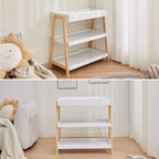 Portable Baby Changing Station, White & Wood, with Waterproof Pad & 2 Storage Shelves for Newborns
