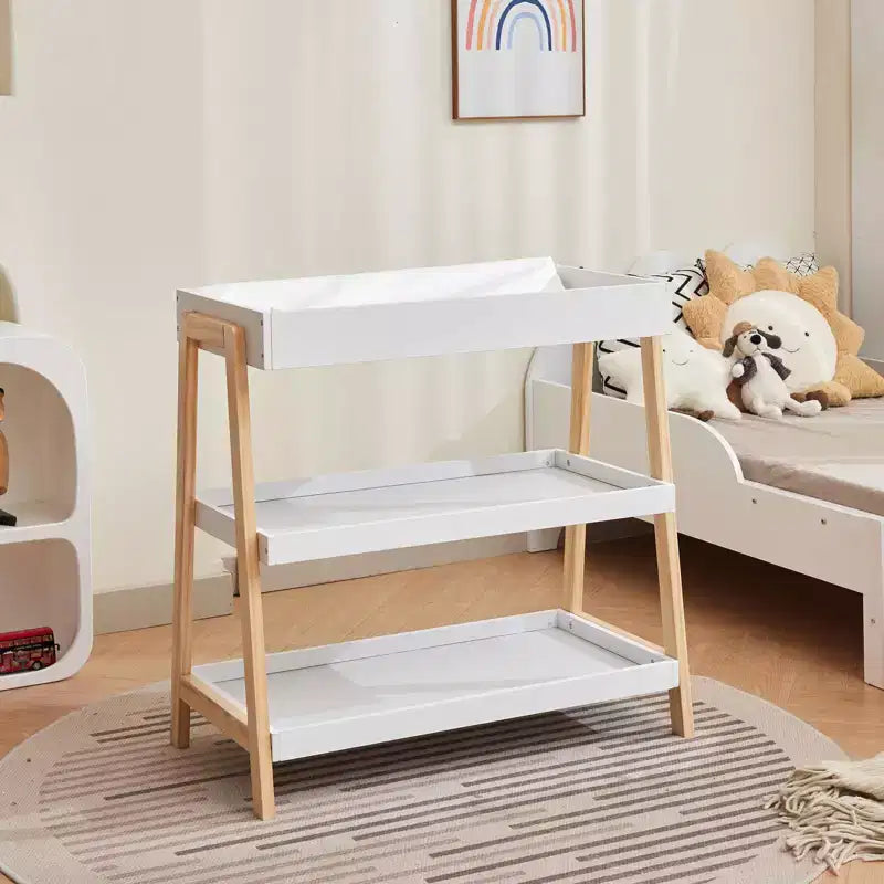 Portable Baby Changing Station, White & Wood, with Waterproof Pad & 2 Storage Shelves for Newborns