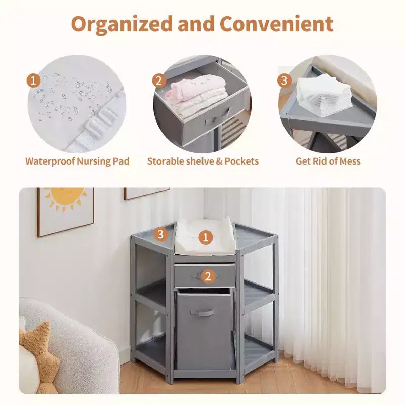 Baby Corner Changing Table, Gray, with Storage Drawer, Changing Pad & Laundry Hamper for Nursery