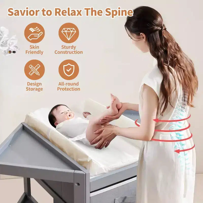 Baby Corner Changing Table, Gray, with Storage Drawer, Changing Pad & Laundry Hamper for Nursery