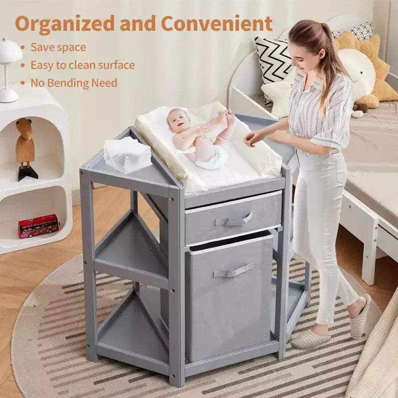 Baby Corner Changing Table, Gray, with Storage Drawer, Changing Pad & Laundry Hamper for Nursery