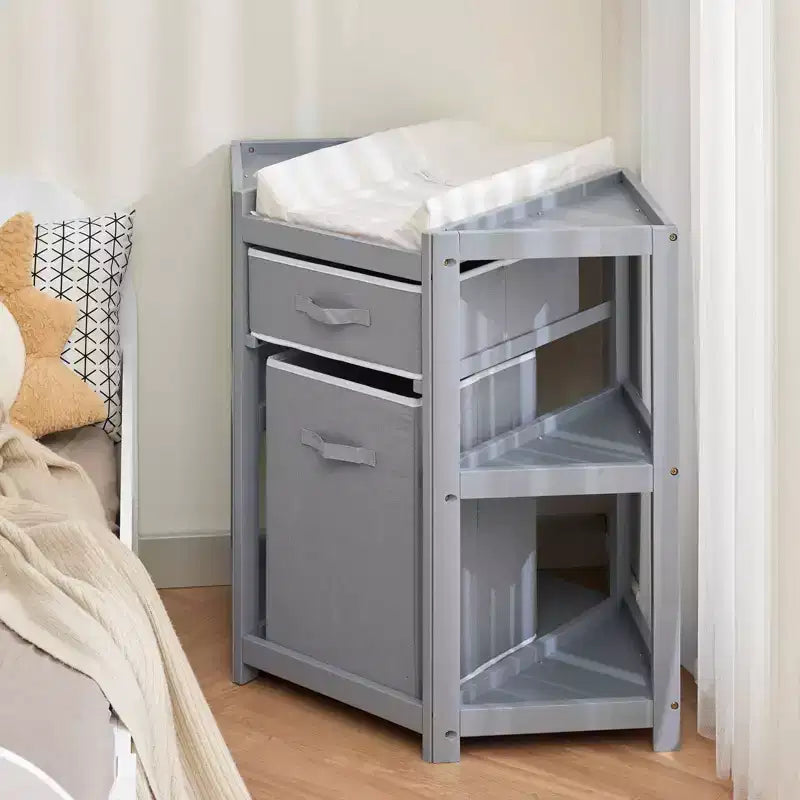 Baby Corner Changing Table, Gray, with Storage Drawer, Changing Pad & Laundry Hamper for Nursery