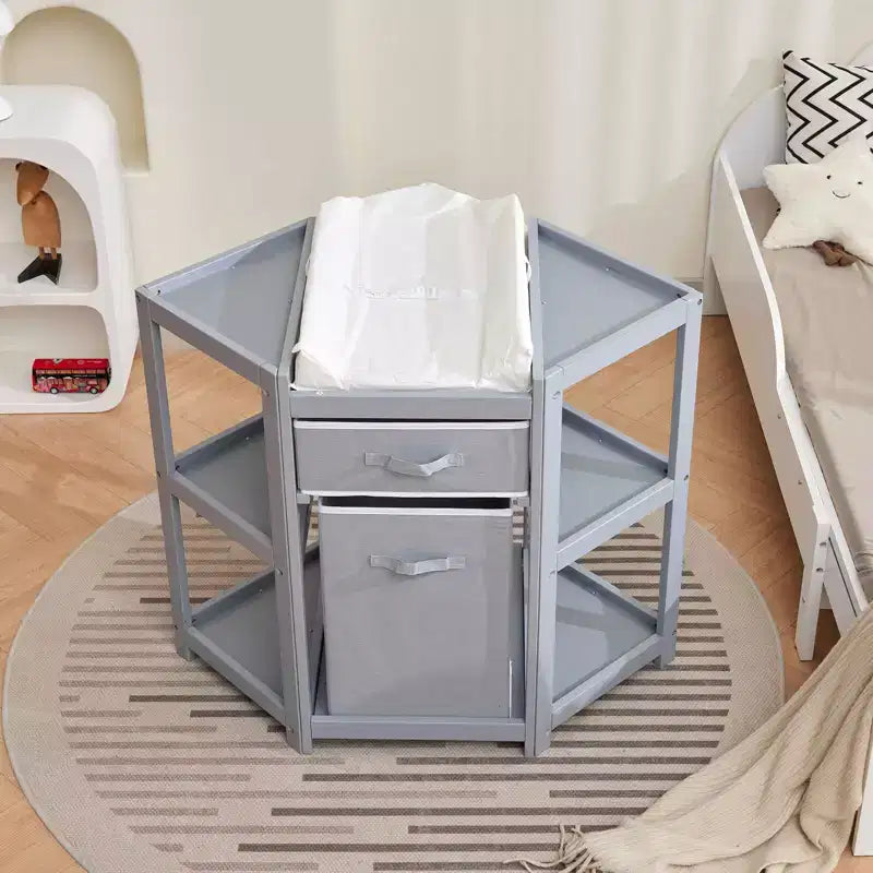 Baby Corner Changing Table, Gray, with Storage Drawer, Changing Pad & Laundry Hamper for Nursery