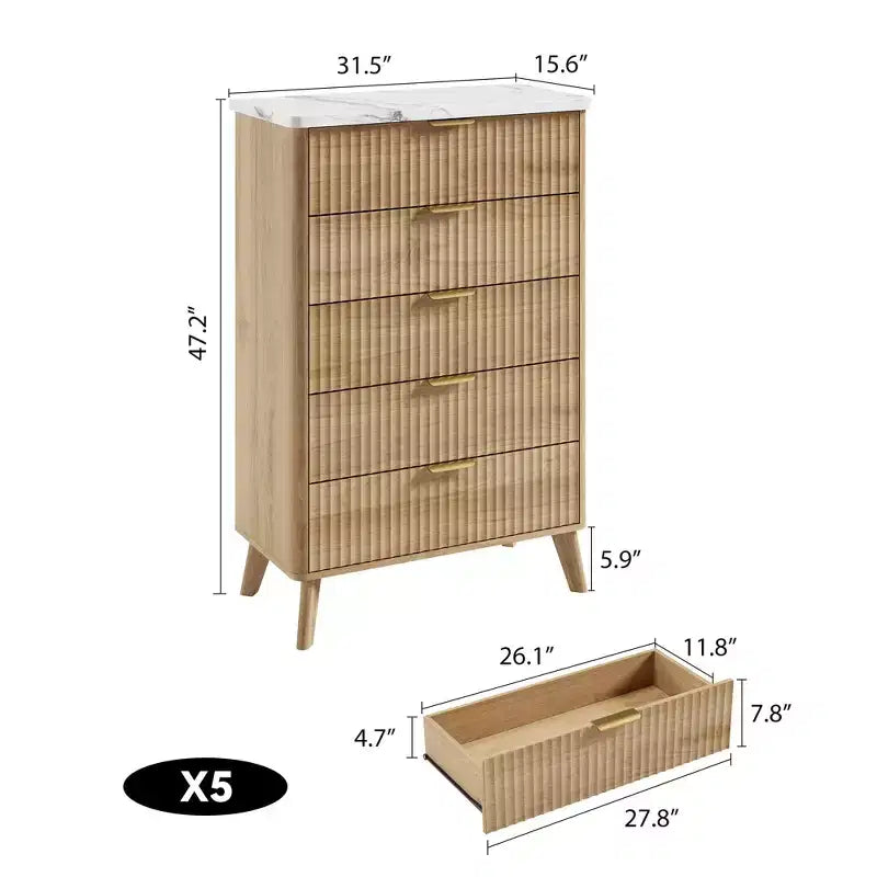 5-Drawer Fluted Dresser, 47.2"H with Gold Handles, Wood Nightstand & Clothes Storage for Bedroom