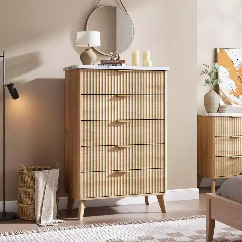 5-Drawer Fluted Dresser, 47.2"H with Gold Handles, Wood Nightstand & Clothes Storage for Bedroom