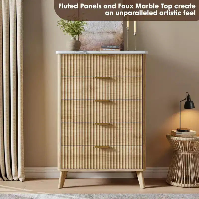 5-Drawer Fluted Dresser, 47.2"H with Gold Handles, Wood Nightstand & Clothes Storage for Bedroom